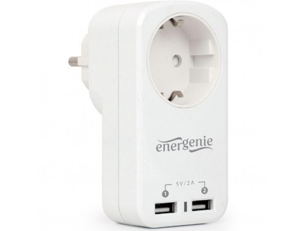 Зарядное устройство EnerGenie 2 USB по 2.1A со сквозной розеткой (EG-ACU2-01-W)