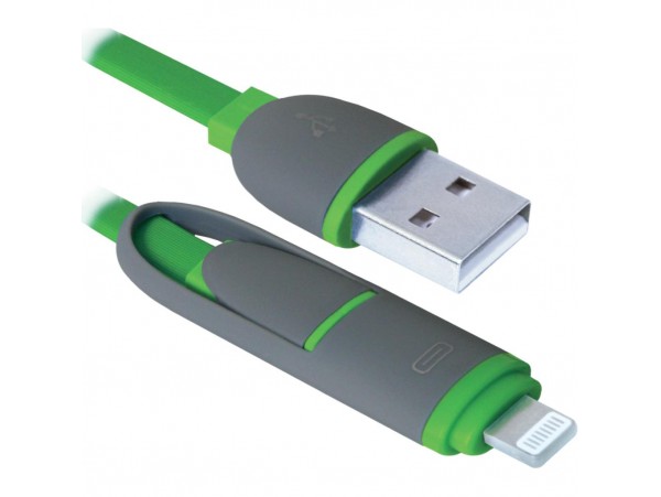 Дата кабель Defender USB10-03BP USB - Micro USB/Lightning, green, 1m (87489)