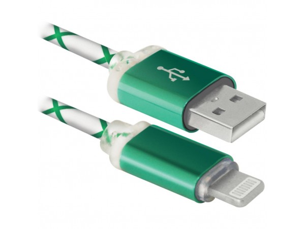 Дата кабель Defender ACH03-03LT USB - Lightning, GreenLED backlight, 1m (87553)